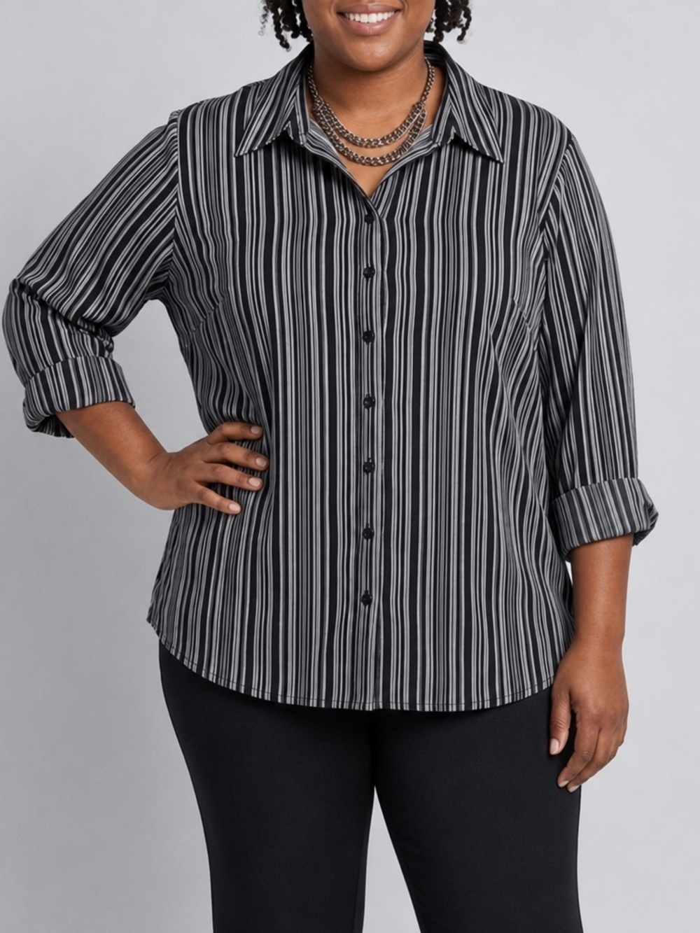 EAST 5TH Black and White Striped Button Front Long Sleeve Shirt 3X